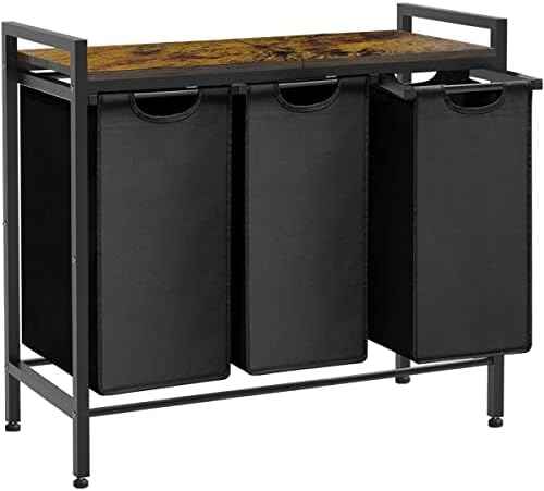 Large Laundry Hamper Sorter with 3 Removable & Pull-Out Sorting Bags, Wooden Top Shelf, Versatile Laundry Basket Organizer for Laundry Room, Bathroom, Dorm, 8 * 3 Gal, Black