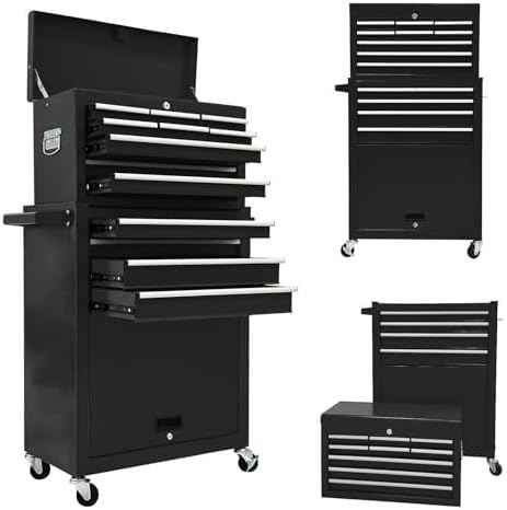 13-Drawer Rolling Tool Chest,Large Toolbox with Wheels, Tool Cabinets with Drawers, Top Detachable Tool Box with Hooks Handles for Workshop Mechanical Garage - Black