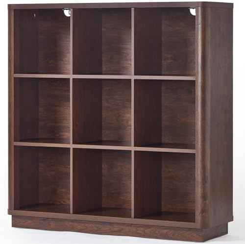 Joaxswe 9 Cube Bookshelf, 40.5" Wide Organizer Bookcase with Curved Edge, Wood Floor Standing 3-Tier Cubby Book Shelf with Base, Vintage Display Storage Cabinet for Living Room, Home Office, Walnut