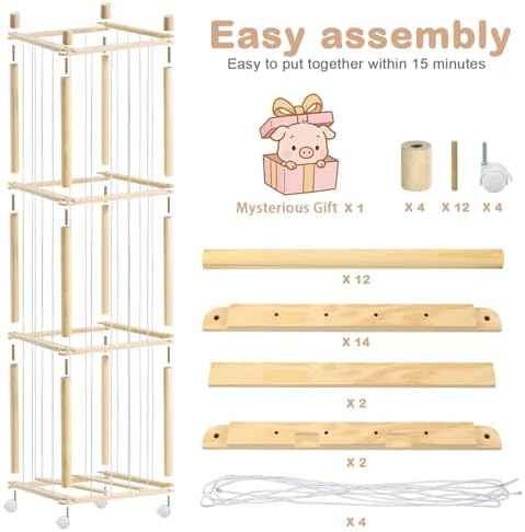 Stuffed Animal Storage, Wood Stuffed Animal Zoo Storage with Brake Wheels, Space Save Toy Organizer, Large Capacity Stuffed Animal Holder, Perfect for Nursery Playroom Kidroom Bedroom-54.3 Inch