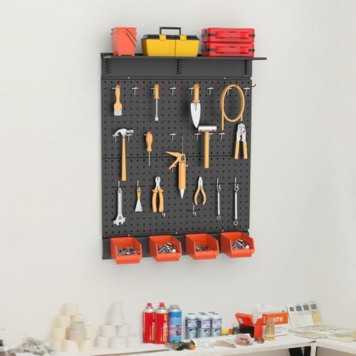 TORACK Garage Metal Pegboard with Accessories, Tools Organizer Peg Board with Pegboard Hooks, Wall Mounted Bins, Tool Storage Pegboards for Wall(Black)