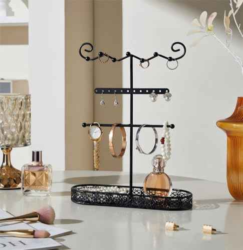 Black Jewelry Stand Holder Organizer, 12.6" Tall Jewelry Display Storage Rack, Sturdy Metal Jewelry Hanger Jewelry Tower for Necklace, Bracelet, Ring, Earring