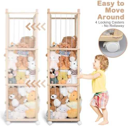 Stuffed Animal Storage, Wood Stuffed Animal Zoo Storage with Brake Wheels, Space Save Toy Organizer, Large Capacity Stuffed Animal Holder, Perfect for Nursery Playroom Kidroom Bedroom-54.3 Inch