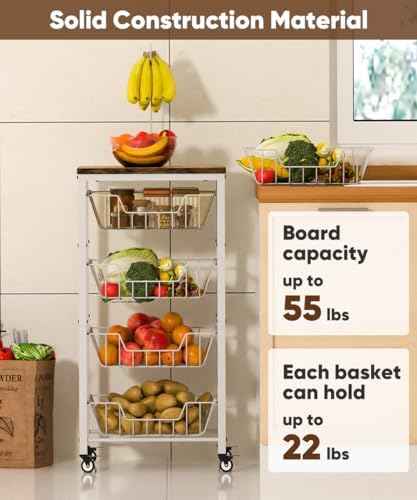 Fruit Vegetable Storage Cart for Kitchen, 5-Tier Vegetable Stand Rack with Pull-Out Fruit Baskets, Rolling Snack Cart with Wood Top & Banana Holder for Pantry, Living Room, Bathroom, White