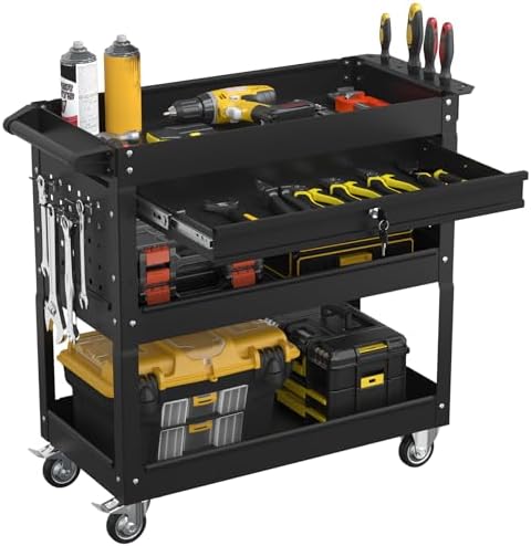 3 Tier Heavy Duty Rolling Tool Cart with Drawers, Large Storage Utility Cart on Wheels for Garage, Warehouse, Repair Shop (Black)