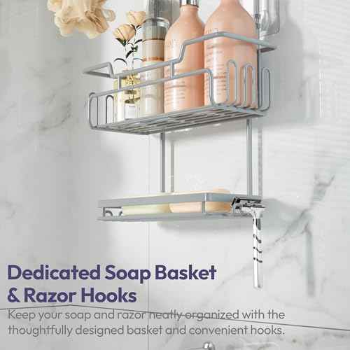 SWTYMIKI Bathroom Shower Caddy Hanging - 3 Tier Rustproof Over Shower Head Organizer, No Drilling Bathroom Shelf with 16 Hooks & Soap Holder, Anti-Swing Rack for Shampoo,Sponge,Towel, Silver, Medium