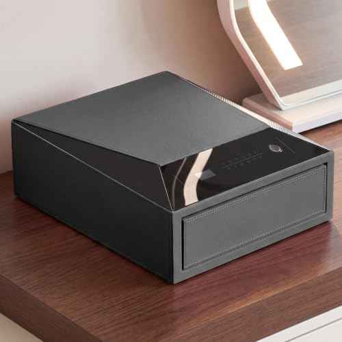 Jewelry Safe with Drawers, Leather Wrapped Biometric Fingerprint Safe, Quick-Access Handgun Safe for Home and Vehicle, Digital Keypad and Slide-Away Drawer 14" × 16.5" (Grey- 1 Drawer)
