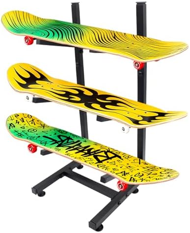 Steel Skateboard Rack Floor Stand, 3-Layer Skateboard Holder,Snowboard Storage Rack, Skateboard Holder Floor for Deck,Longboard,Snowboard, Standard Skateboards, Mini Cruiser Skateboard