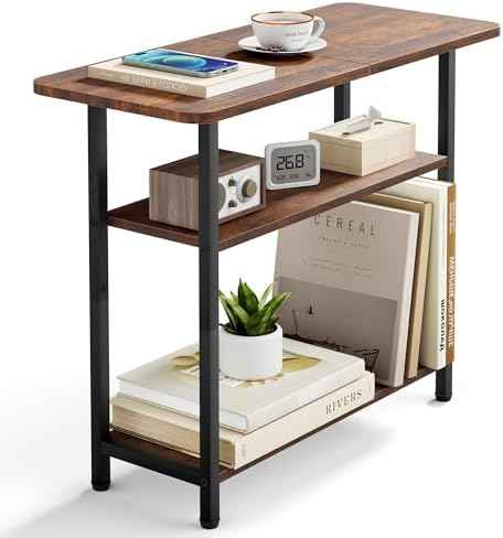 SLEEPING LAMB Side Table for Living Room, 3-Tier End Table for Small Space with Wide Storage Tabletop, Rustic Brown Narrow Nightstand for Bedroom, Sofa Couch