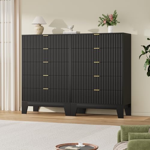 5 Drawer Dresser for Bedroom, 47" Tall Fluted Chest of Drawers, Black