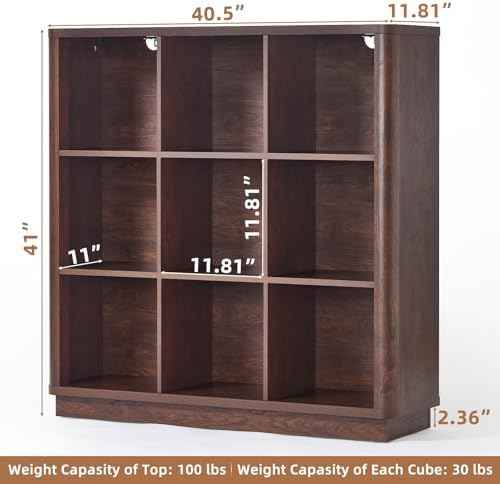 Joaxswe 9 Cube Bookshelf, 40.5" Wide Organizer Bookcase with Curved Edge, Wood Floor Standing 3-Tier Cubby Book Shelf with Base, Vintage Display Storage Cabinet for Living Room, Home Office, Walnut