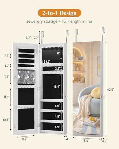 LVSOMT Over The Door Jewelry Organizer, 6 LED Wall Mounted Jewelry Cabinet