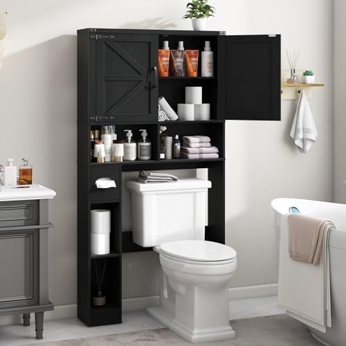 Vabches Over The Toilet Storage Cabinet with 2 Barn Doors, Pure Black