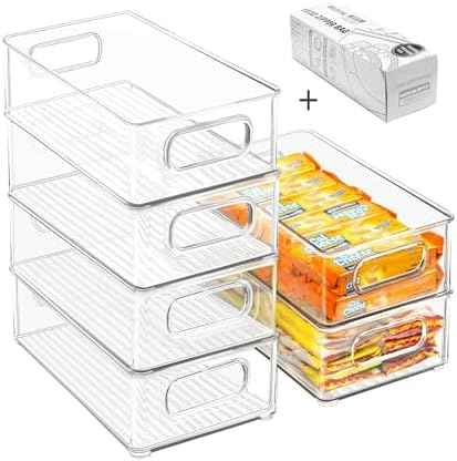 Stackable Refrigerator Organizer Bins, 6 Pack Clear Kitchen Organizer Container Bins with Handles and 20 PCS Plastic Bags for Pantry, Cabinets, Shelves, Drawer, Freezer - Food Safe, BPA Free 10"L