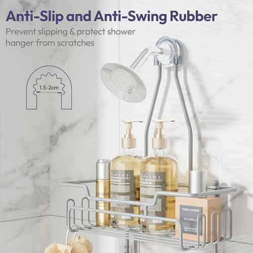 SWTYMIKI Bathroom Shower Caddy Hanging - 3 Tier Rustproof Over Shower Head Organizer, No Drilling Bathroom Shelf with 16 Hooks & Soap Holder, Anti-Swing Rack for Shampoo,Sponge,Towel, Silver, Medium