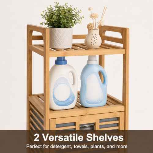 Tilt-Out Laundry Hamper Cabinet, Bamboo Laundry Basket Organizer with Removable Clothes Basket&2 Shelves, 3 Tier Pull Out Bathroom Storage Shelf Cabinet for Clothes