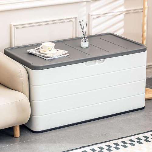Outdoor Storage Box Waterproof, 100 Gallon Lockable Resin Deck Box Large, Patio Storage Bin for Pool Accessories Cushion Furniture, Garden Tools, UV-Resistant Outside Delivery Black&White