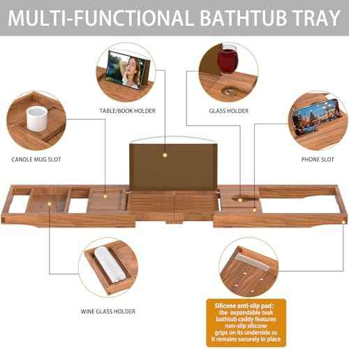 Teak Bathtub Tray Caddy, Expandable Wooden Bath Tray for Tub