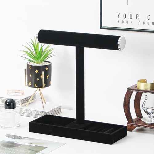 Necklace Display Holder, Bracelet Organizer Stand with Earrings Tray and Metal Lid, Jewelry Scrunchie Watches Tray Rack for Women Home Desk (Black)