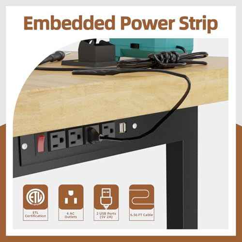 60" Adjustable Workbench with Wheels and Drawer, Solid Wood Rolling Work Bench Table with Power Outlet, Metal Tool Bench Work Bench for Garage, Large Load Capacity Workbench for Workshop,Office,Home