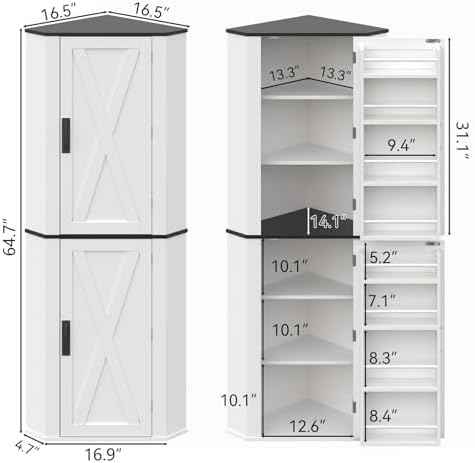 Gyfimoie Corner Kitchen Pantry, Freestanding Corner Storage Cabinet with 2 Doors & Shelves, Farmhouse Tall Food Pantry Storage Cabinet for Kitchen Dining Room (White)