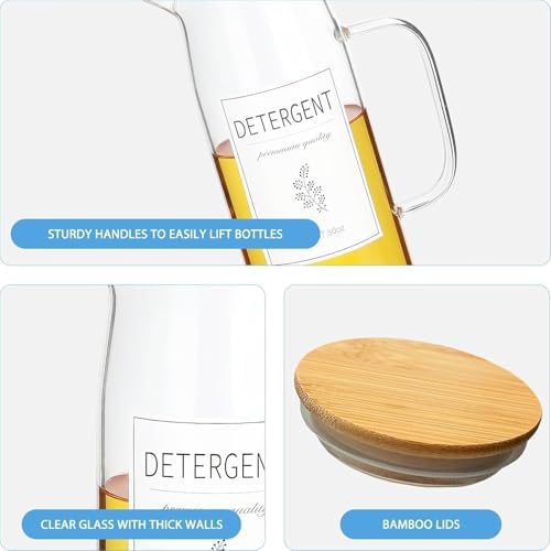 Laundry Detergent Dispenser Set with Bamboo Lids and Handles - Easy Pour 3 Pack 50 oz Liquid Laundry Containers for Laundry Room Organization and Storage