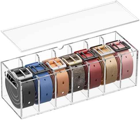 YUNEASELF Belt Organizer - Acrylic Belt Storage Holder for Closet with Dust Cover Lid - 7 Compartments Clear Display Case for Tie and Bow Tie