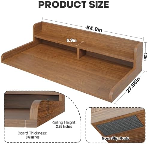 2-Tier Washer Dryer Countertop with 2.75"H Edge Rails, 54" W x 27.55" D Laundry Countertop for Folding Clothes, Washer and Dryer Topper with Non-Slip Pad (Brown)