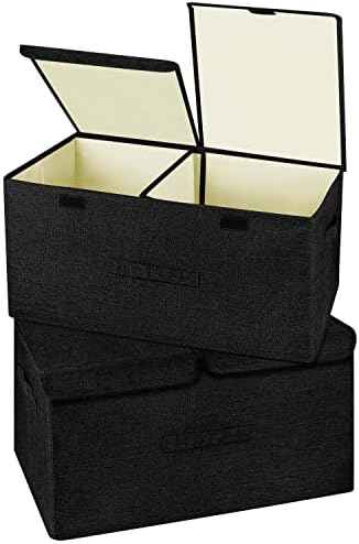 2 Pack Large Linen Fabric Collapsible Storage Bins with Lid and Handles, Washable Storage Box Baskets Cube with Removable Divider for Bedroom,Closet,Office,Living Room,Nursery (Black, Large)