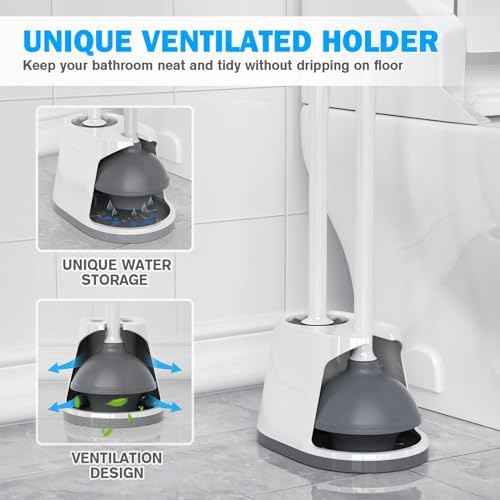 Toilet Plunger and Brush Set, Bowl Brush and Heavy Duty Toilet Plunger with Ventilated Holder, 2-in-1 Toilet Brush and Plunger Combo for 5.3-inch Toilet Drain Bathroom Deeply Cleaning(White & Grey)