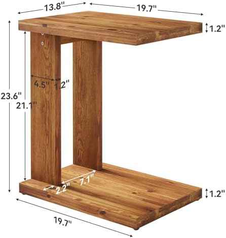 Solid Wood C-Shaped End Table, Wooden Side Table for Sofa, 2-Tier Bedside Nightstand for Living Room, Bedroom