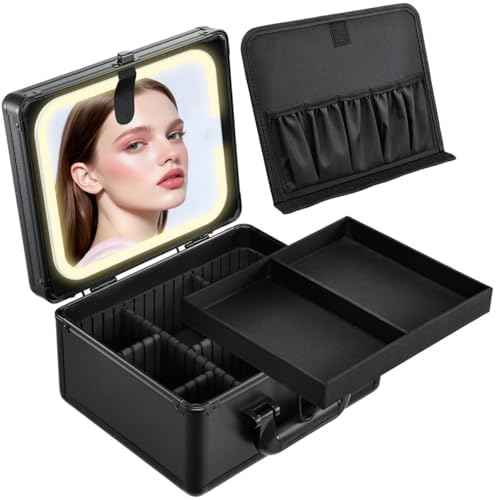 Faquenc Makeup Case with Lighted Vanity Mirror, Makeup Organizer Box Travel Make up Case with LED Mirror Portable Cosmetic Train Case for Countertop Lockable Makeup Suitcase with Adjustable Dividers