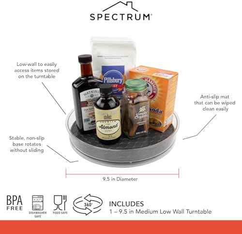 Spectrum Medium Lazy Susan Organizer 9.5 in for Cabinet Refrigerator Pantry Table Rotating Kitchen Storage Spice Rack Fridge Organization, Charcoal Gray Spinning Turntable for Sauces Jams Condiments