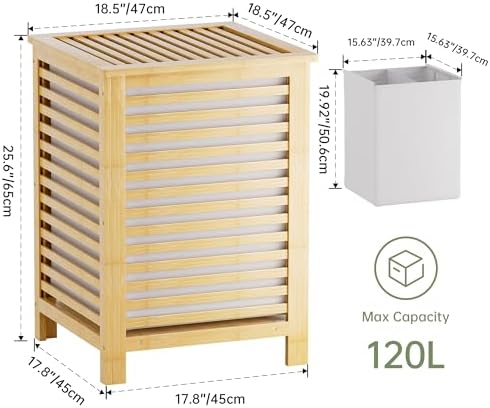 SMIBUY Double Laundry Hamper with Lid, 120L Bamboo Laundry Basket with Removable Liner Bag, 2-Section Clothes Divider Laundry Sorter for Laundry Room, Bathroom, Bedroom (Natural)