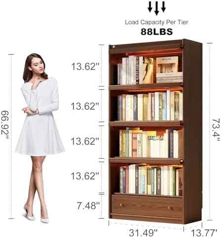 AQIMUELE Solid Wood Bookcase - 5-Tier Book case with 3 Color LED