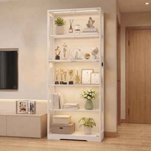 Display Cabinet with Glass Doors, LED Lights Motion Sensor