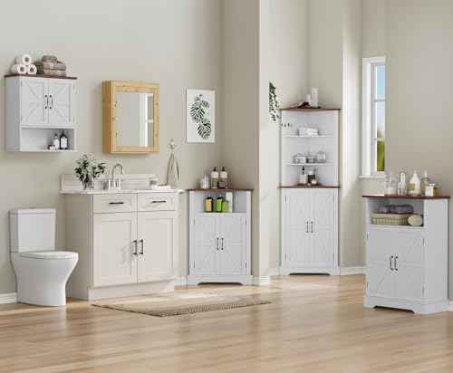 Bathroom Corner Cabinet,Farmhouse Floor Corner Cabinet with Doors and Adjustable Shelves, Freestanding Wooden Storage Hutch Cupboard for Bathroom, Kitchen, Living Room, White