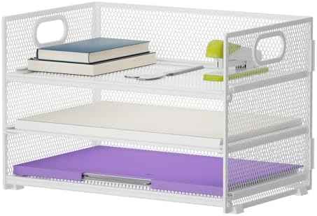 Marbrasse 3 Tier Paper Organizer Letter Tray, Mesh File Organizer with Handle, Paper Sorter Desk Organizer for Home Office Supplies(White)