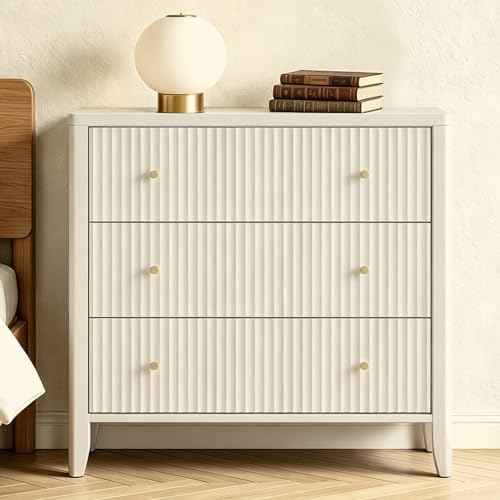 Large Nightstand,34”Wide Fluted Painted Bedside Table with 3 Drawer Dresser,Large End Tables with Storage, Metal Handle & Rounded Corners for Bedroom,Alabaster White