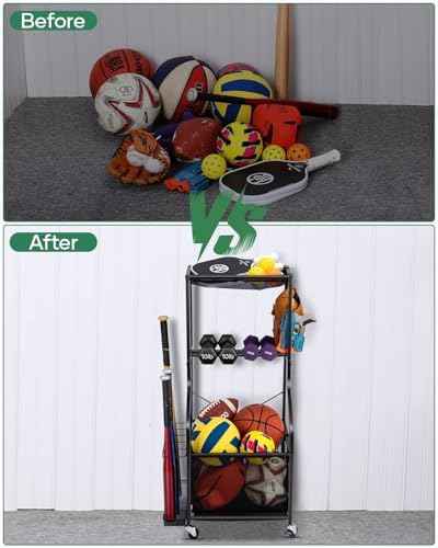 EXTCCT Garage Sports Equipment Organizer, Rolling Ball Storage Cart