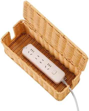 Cable Management Box Handwoven Faux Rattan Cord Basket with Lid (Rectangle)