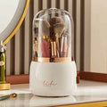 Makeup Brush Holder Organizer with Lid, Rotating Dustproof Make Up Brushes Organizer with Clear Acrylic Cover for Vanity Desktop Bathroom Countertop (white)