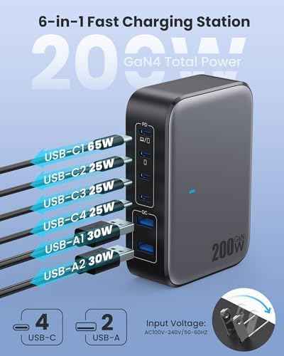 USB C Charger 200W USB Charging Block,6 Ports GaN IV Foldable Wall Charger Outlet Plug,QC4.0 Fast Charging Station Hub,PD 65W Laptop Adapter for MacBook Pro/Air,Dell,iPhone 16/15,Galaxy,Steam Deck