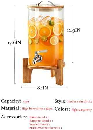 Beverage Dispenser,2.1 Gallon Glass Drink Dispenser with Stand,Glass water dispenser with Spigot, Large Drink Dispensers for Parties,Water Dispensers for Bar,Wedding,Restaurants 8L