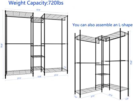 Heavy Duty Clothes Rack for Hanging Clothes, Metal Garment Rack，Large Capacity Portable Clothing Rack，Freestanding Open Wardrobe Organizer Rack, 67.0"L x 13.8"W x 75.6"H Max Load 720LBS, Black