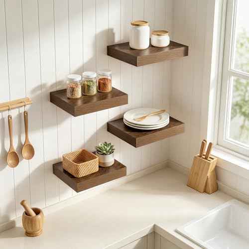 RICHFOCUS 8Inch Square Floating Shelves for Wall 4Pack|Walnut