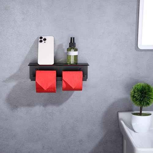 LANC Double Toilet Paper Holder with Shelf, Matte Black Commercial Toilet Tissue Roll Dispenser with Phone Shelf Stainless Steel for Bathroom, Kitchen, Apartments Wall Mounted, A8877MB