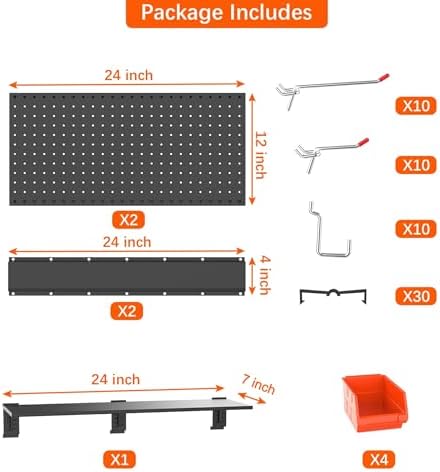 TORACK Garage Metal Pegboard with Accessories, Tools Organizer Peg Board with Pegboard Hooks, Wall Mounted Bins, Tool Storage Pegboards for Wall(Black)