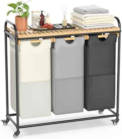 BambooHomie Laundry Hampers 3 Section, Laundry Sorter with Removable Shelf and Pull-Out Bags, Rolling Cart Clothes Hampers Basket with Wheels for Laundry Room Bathroom, 3 x 45 L (Black Beige Gray)