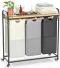 BambooHomie Laundry Hampers 3 Section, Laundry Sorter with Removable Shelf and Pull-Out Bags, Rolling Cart Clothes Hampers Basket with Wheels for Laundry Room Bathroom, 3 x 45 L (Black Beige Gray)
